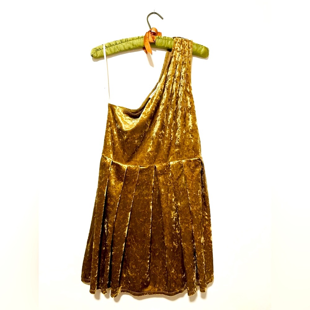 Gold Crushed Velvet One Shoulder Tank Pleat Dress BCBGgeneration size L